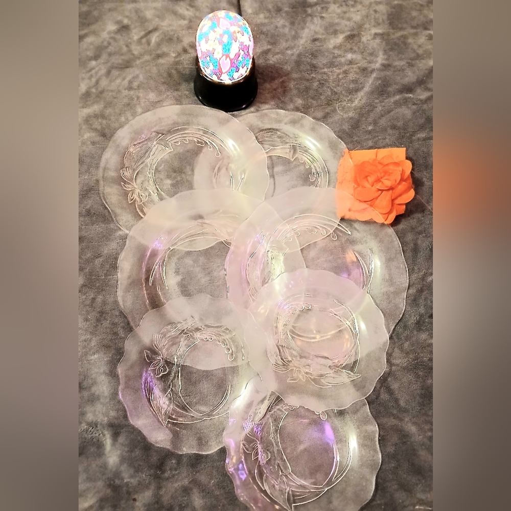 Seven PieceVintage Pressed Scalloped  Edges Frosted Glass From Indonesia